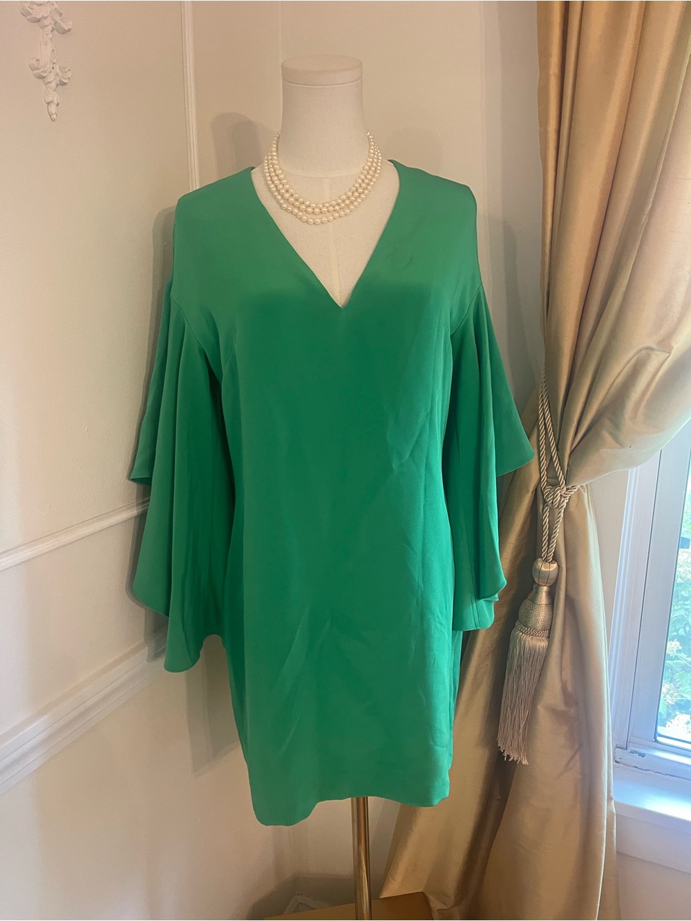 Ralph Lauren Silk Black Label Emerald Green V-Neck Bell Sleeve Mini Dress